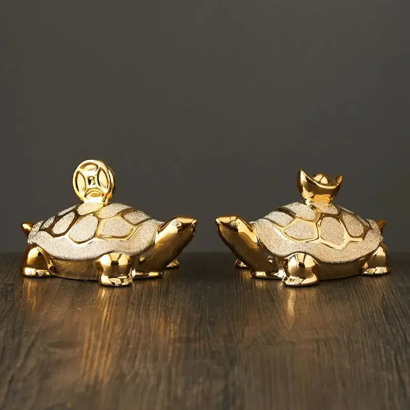 Gold-Plated Ceramic Fortune Turtle Lucky Money Figurine for Home & Office