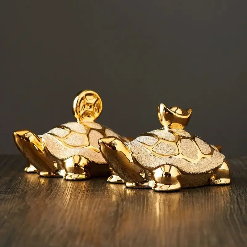Gold-Plated Ceramic Fortune Turtle Lucky Money Figurine for Home & Office