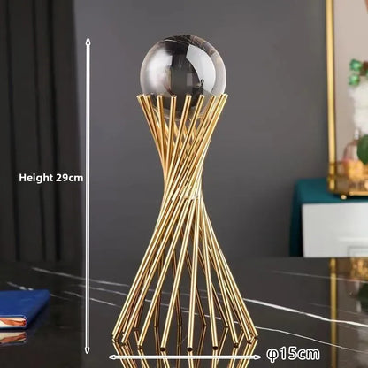 Golden Geometric Crystal Ball Statue Handmade Iron Desk Sculpture Decor - 
