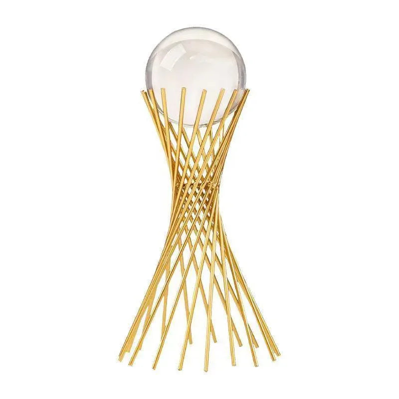 Golden Geometric Crystal Ball Statue Handmade Iron Desk Sculpture Decor - 