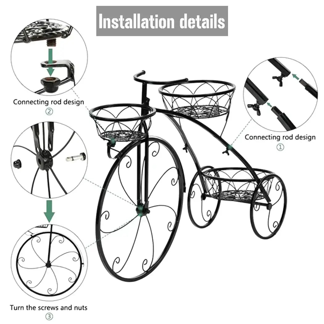 3-Tier Bicycle Plant Stand Wrought Iron Tricycle Planter for Indoor Outdoor