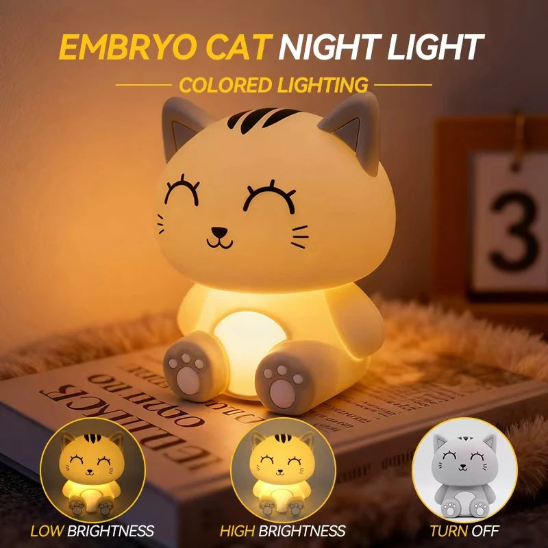 Gray Cat Bedside Night Light Touch Dimming & Timer Rechargeable LED Lamp