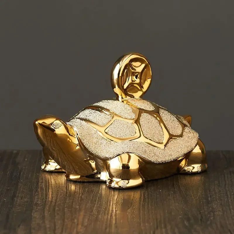 Gold-Plated Ceramic Fortune Turtle Lucky Money Figurine for Home & Office
