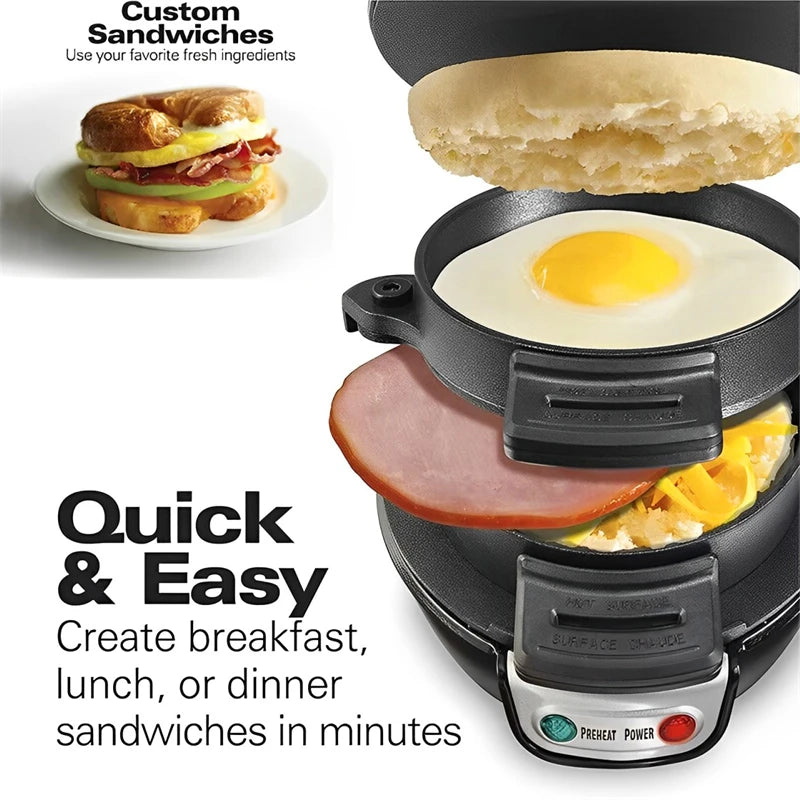 Sandwich maker with ingredients and text highlighting quick and easy meal creation.