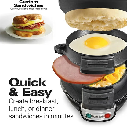 Sandwich maker with ingredients and text highlighting quick and easy meal creation.