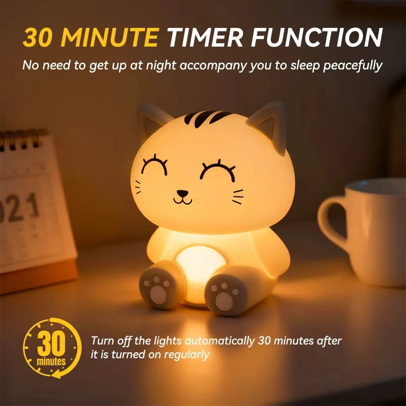 Gray Cat Bedside Night Light Touch Dimming & Timer Rechargeable LED Lamp