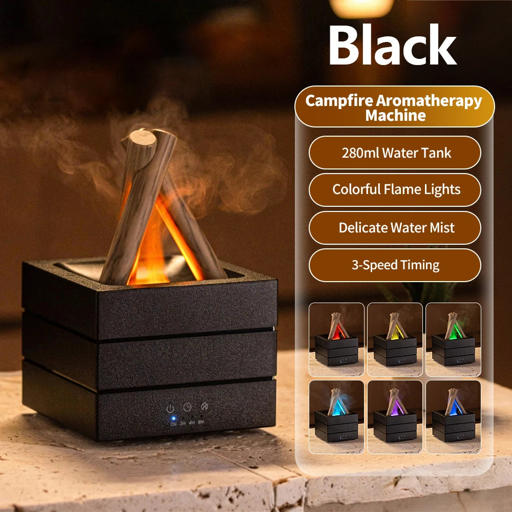 Simulated Flame Bonfire Aroma Diffuser Ultrasonic Cool Mist Humidifier 280ml LED Lamp