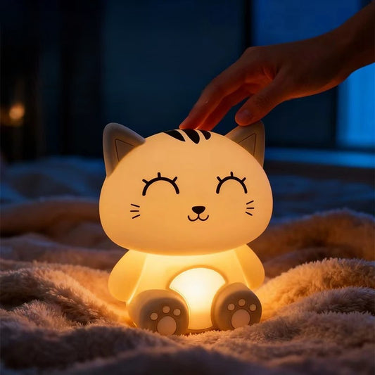 Gray Cat Bedside Night Light Touch Dimming & Timer Rechargeable LED Lamp