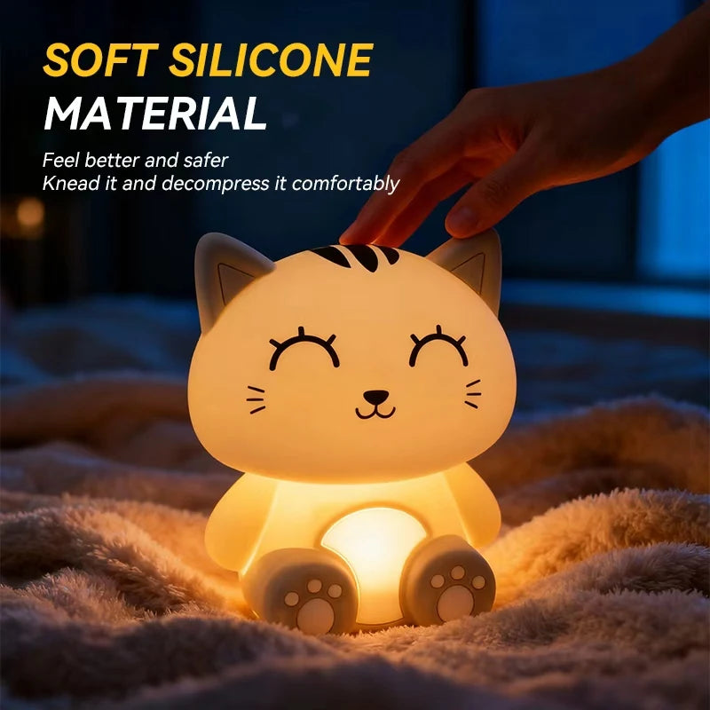 Gray Cat Bedside Night Light Touch Dimming & Timer Rechargeable LED Lamp