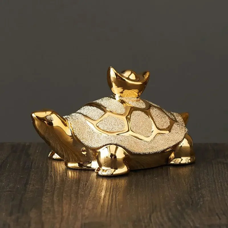 Gold-Plated Ceramic Fortune Turtle Lucky Money Figurine for Home & Office