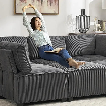6-Seat Modular U-Shaped Sectional Reversible Corduroy Convertible Couch - Dark Grey