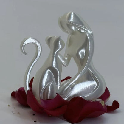 Ceramic Hug Cat Woman Statue Creative Desktop Ornament for Cat Lovers - Silver