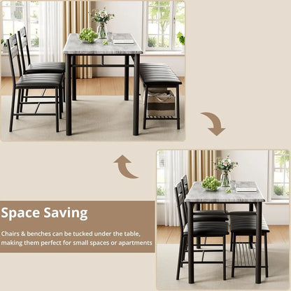 4-Piece Dining Set Kitchen Table with 2 Chairs & Upholstered Bench - Gray