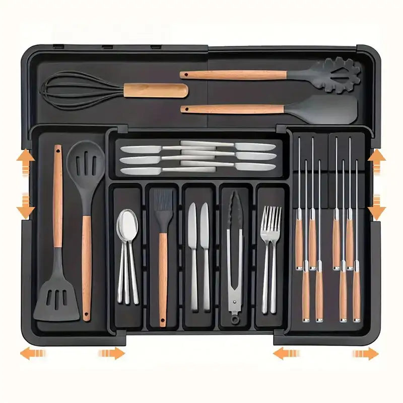 Set of kitchen utensils including spatulas, knives, and forks in a black case with wooden handles.