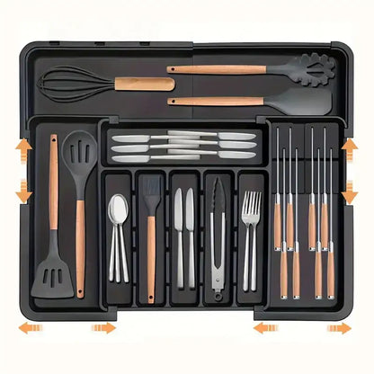 Set of kitchen utensils including spatulas, knives, and forks in a black case with wooden handles.