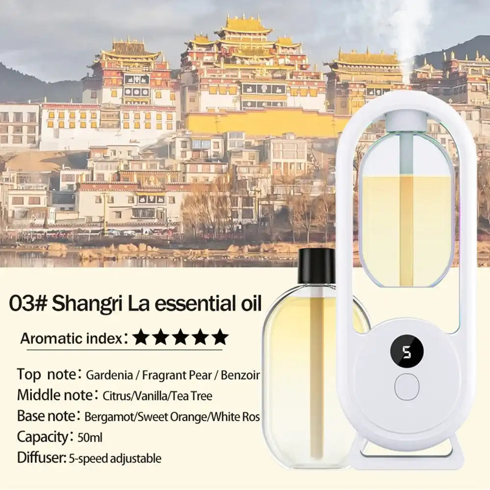 Shangri La essential oil diffuser with scenic background