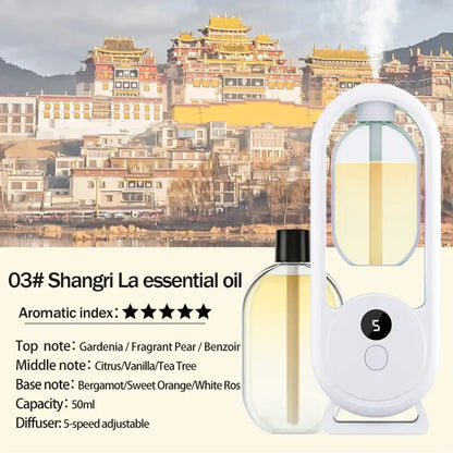 Shangri La essential oil diffuser with scenic background