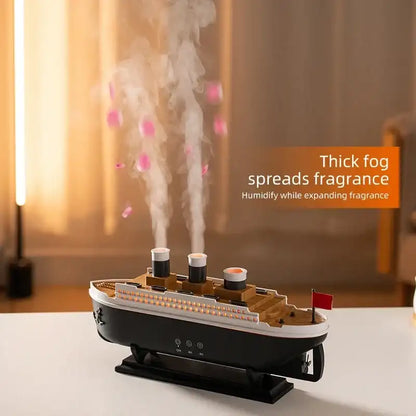 Ship-shaped humidifier emitting steam with a blurred indoor background