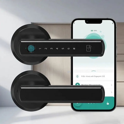 Smart door handle with digital display and smartphone app interface on a neutral background