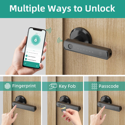 Smart door handle with smartphone app, fingerprint, key fob, and passcode options for unlocking.