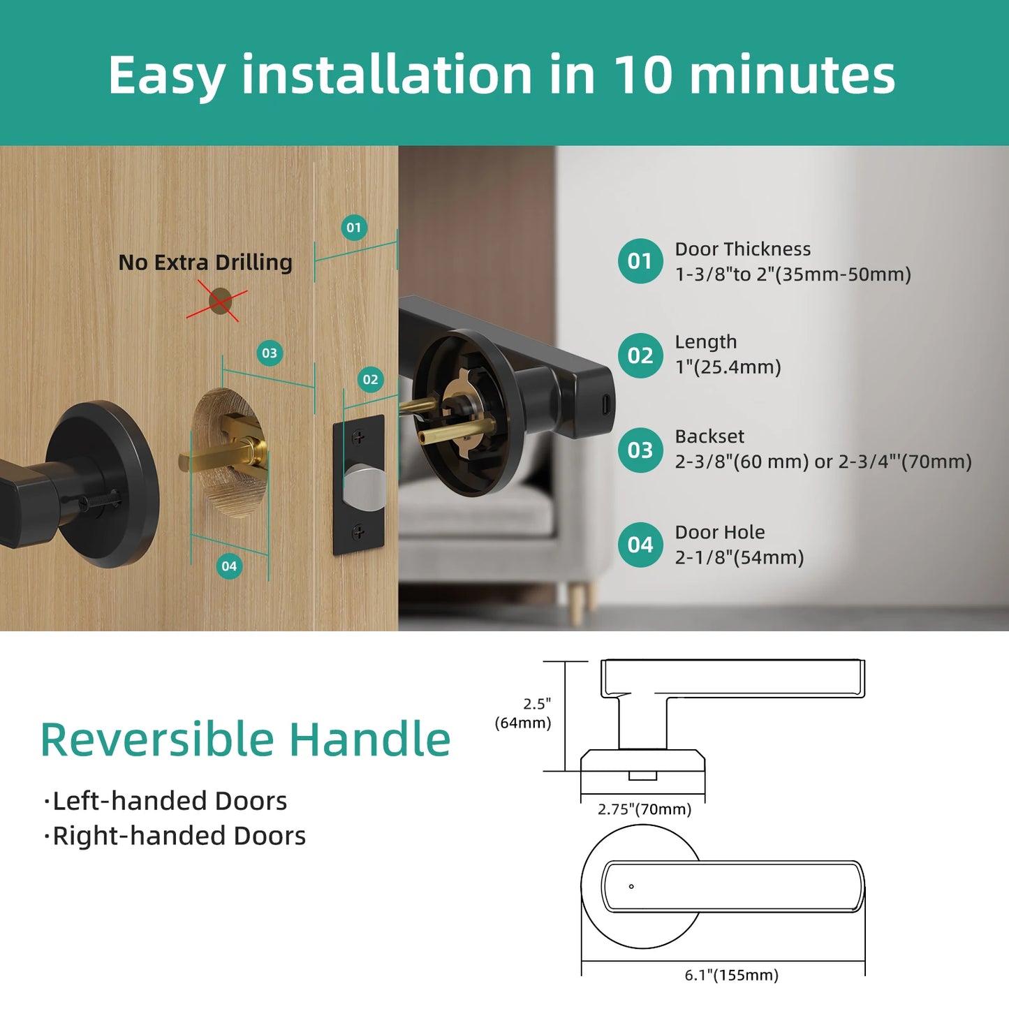 Door handle installation guide with measurements and reversible handle feature.