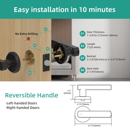 Door handle installation guide with measurements and reversible handle feature.