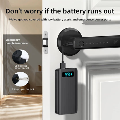 Black door lock device with digital display attached to a door, featuring emergency power ports and USB backup.