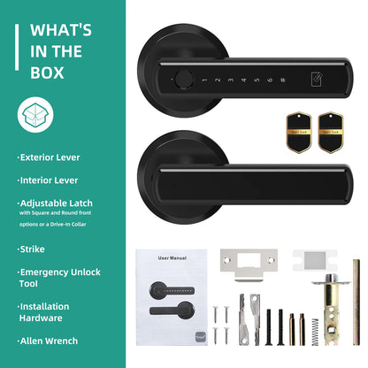 Lockset with exterior and interior levers, strike, emergency unlock tool, installation hardware, and Allen wrench on a white background.