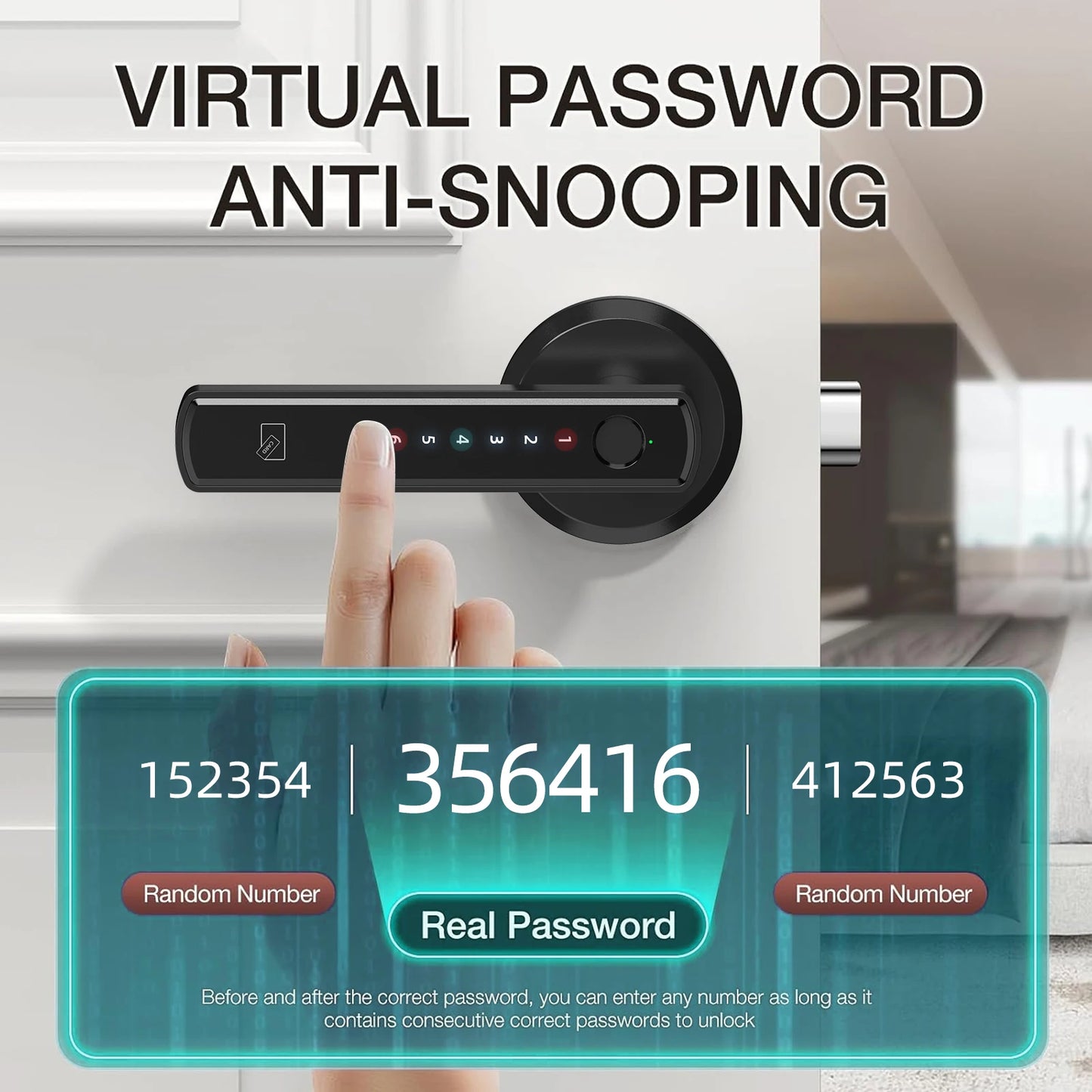Digital door handle with virtual password system and a hand pressing a button.