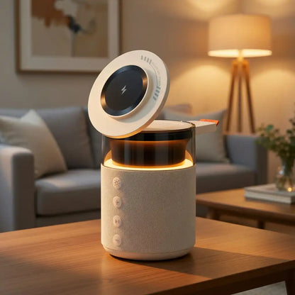 Smart home device on a table with a cozy living room background