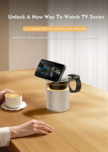 Smart phone stand  on a table, displaying smartphone and smartwatch, with text about TV watching and charging convenience.