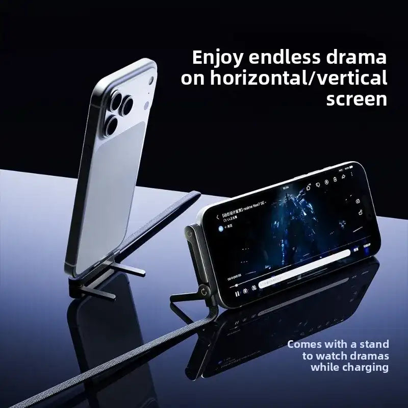 Smartphone with a stand on a reflective surface, displaying a screen with text 'Enjoy endless drama on horizontal/vertical screen'.