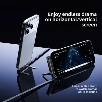 Smartphone with a stand on a reflective surface, displaying a screen with text 'Enjoy endless drama on horizontal/vertical screen'.