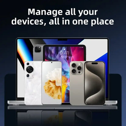 Smartphones and a tablet with a dark background and text 'Manage all your devices, all in one place'.