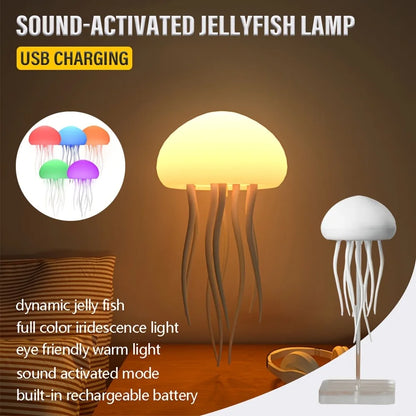Sound-activated jellyfish lamp with USB charging feature on a brown background