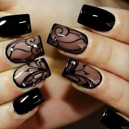 24pcs Spring Flower & Butterfly Press-On Nails Short Square French Tips - Ninjanew