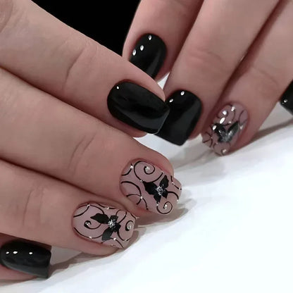 24pcs Spring Flower & Butterfly Press-On Nails Short Square French Tips - Ninjanew