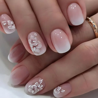 24pcs Spring Flower & Butterfly Press-On Nails Short Square French Tips - Ninjanew