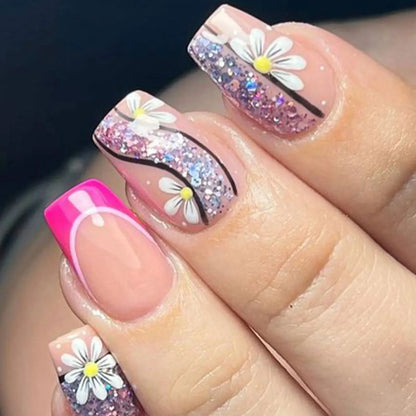 24pcs Spring Flower & Butterfly Press-On Nails Short Square French Tips - Ninjanew