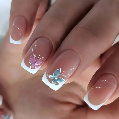 24pcs Spring Flower & Butterfly Press-On Nails Short Square French Tips - Ninjanew