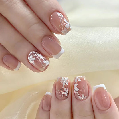 24pcs Spring Flower & Butterfly Press-On Nails Short Square French Tips - Ninjanew