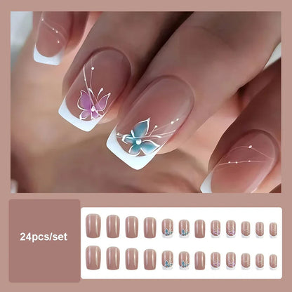24pcs Spring Flower & Butterfly Press-On Nails Short Square French Tips - Ninjanew