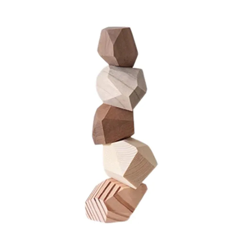 Stack of geometric wooden blocks on a white background