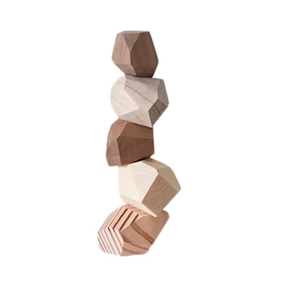 Stack of geometric wooden blocks on a white background