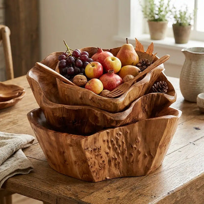 Stack of wooden bowls with fruits and nuts on a wooden table