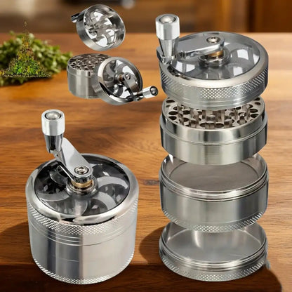 Metal grinder with multiple layers on a wooden surface