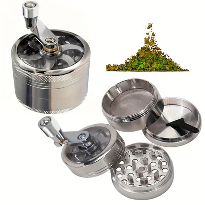 Metal grinder with detailed components on a white background
