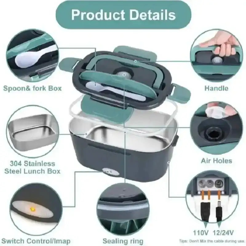 Stainless steel lunch box with various components highlighted