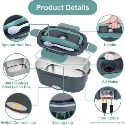 Stainless steel lunch box with various components highlighted