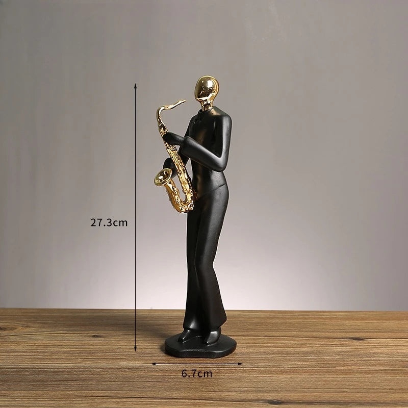 Statue of a musician playing a saxophone with measurements on a wooden surface and gray background